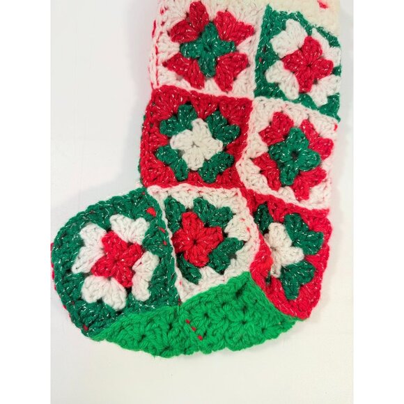 White Granny Square Christmas Stocking 13 Retro Handmade |Vintage Handmade - Picture 6 of 14